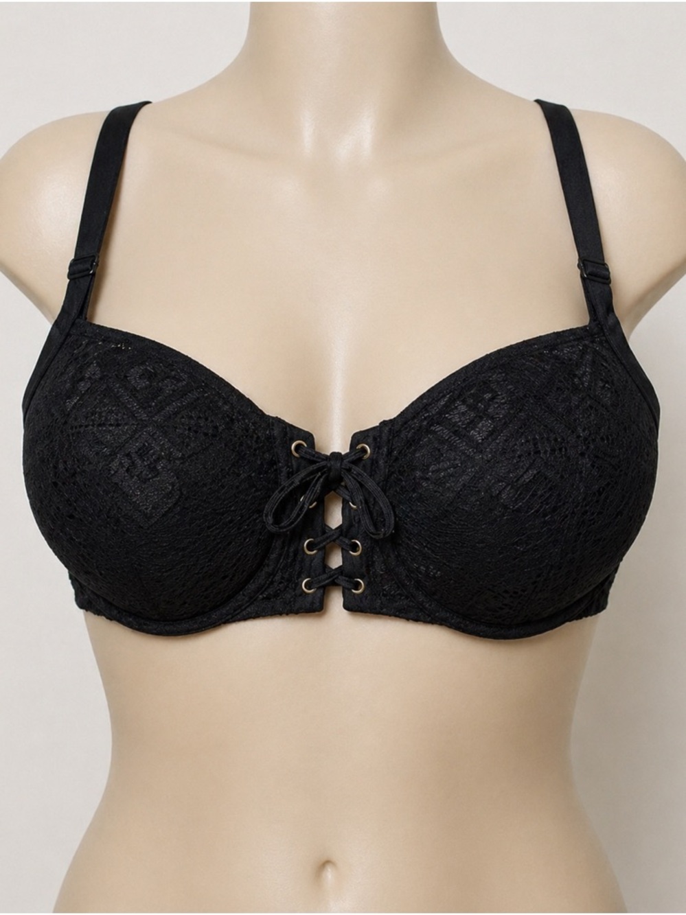 Curvy Kate 36K Black Bikini Top Lace Up Strappy Full Bust Swim Plus Size
